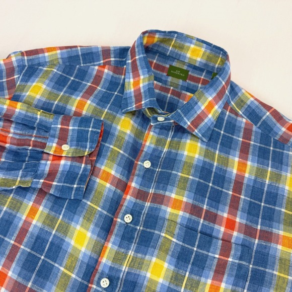 Sid Mashburn Mens 100% Linen Button Shirt XL Handmade in Italy‎ Colorful Plaid